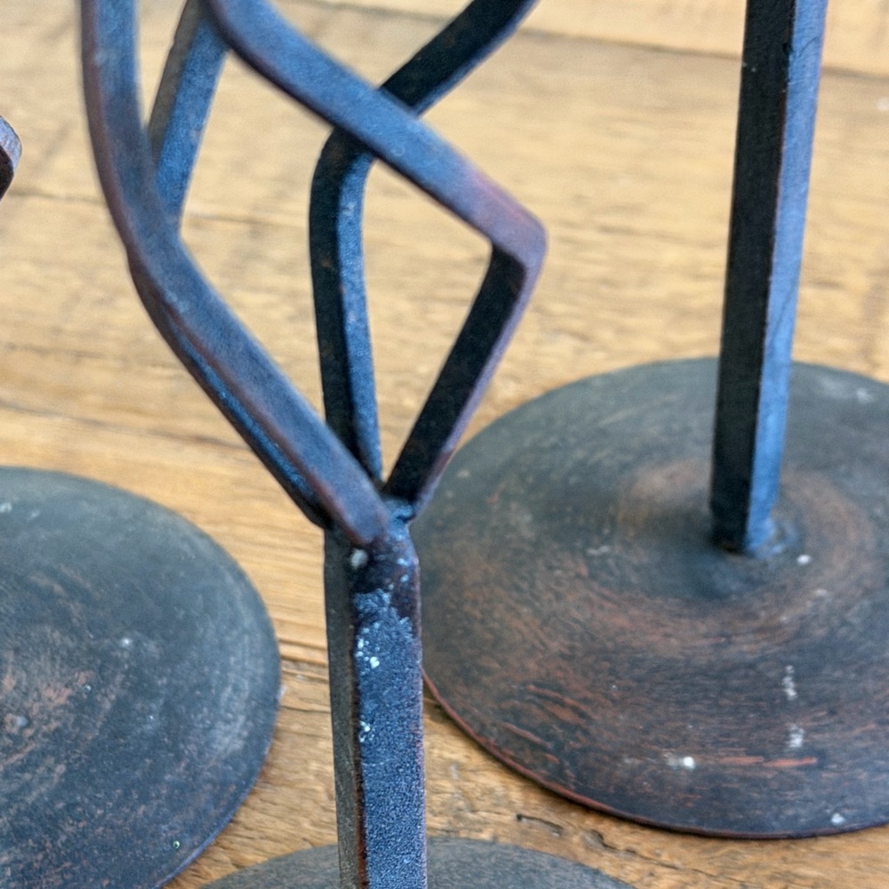 3 Vintage Hand Forged Candlesticks Set. Black Basket Weave w/Patina 14” 11” 8.5” - Picture 12 of 15